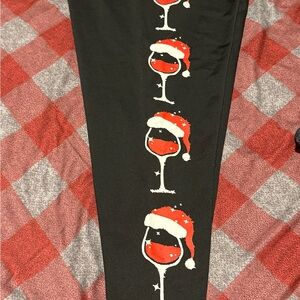 Black Leggings with Santa Hat Wine Glass Design